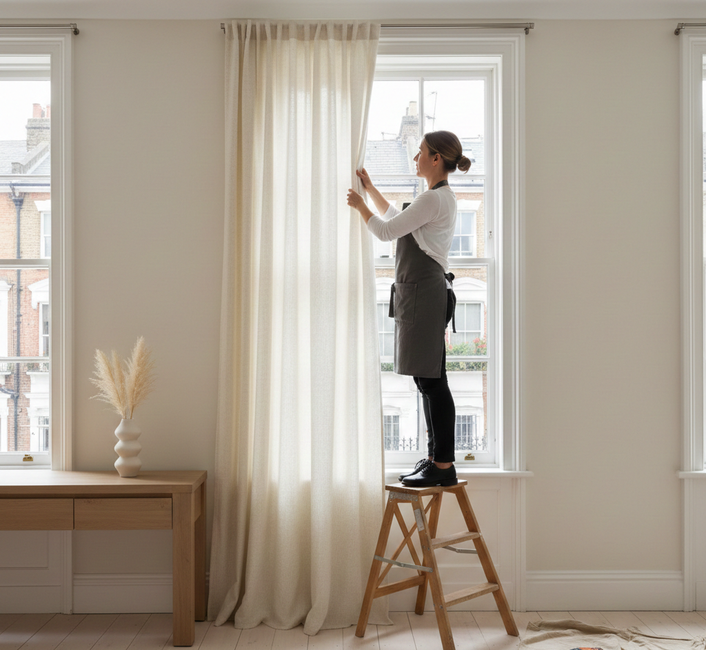 Professional curtain installer at work in London home